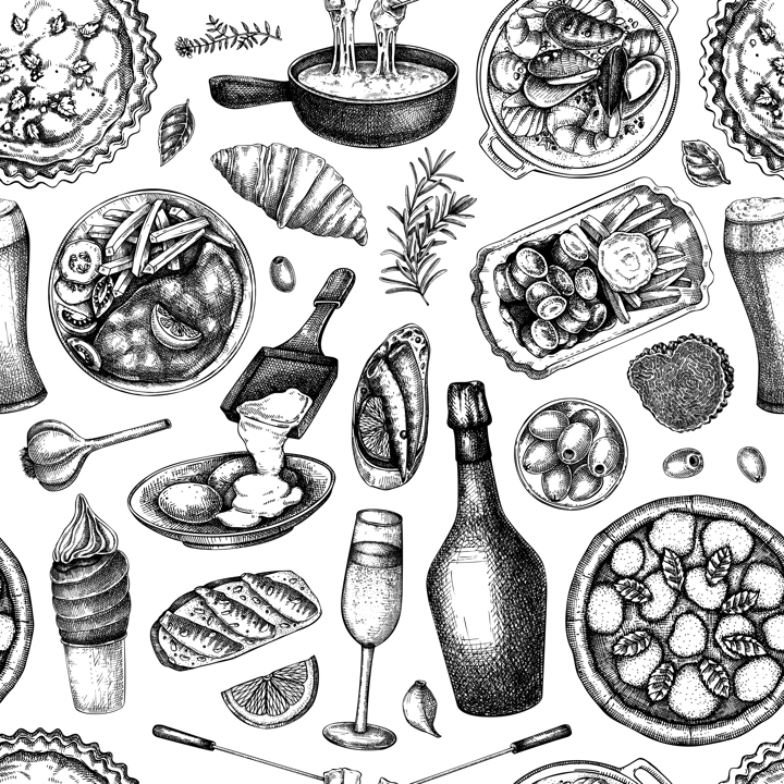 European food background. Traditional Europe cusine seamless pattern. Hand drawn vector illustration. Perfect restaurant menu, packaging, prints. NOT AI generated